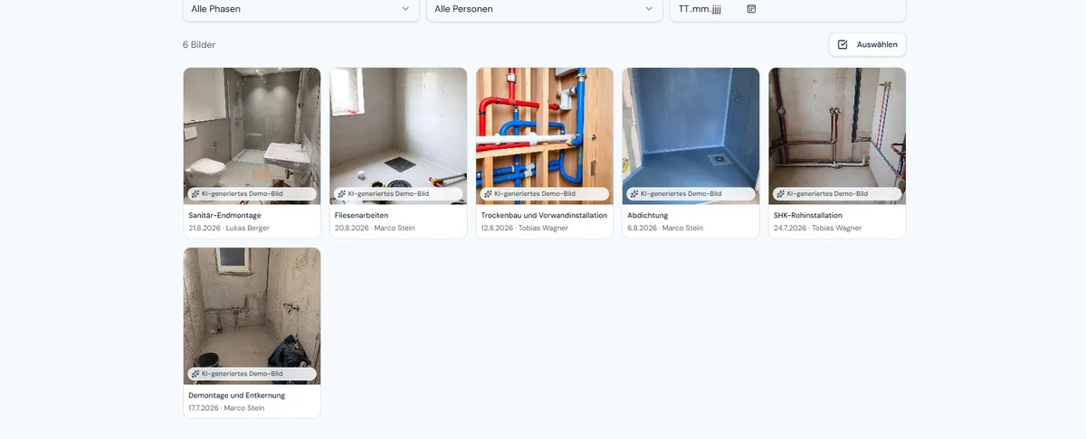 Fotodokumentation in Craft-Sync, sortiert nach Bauabschnitt