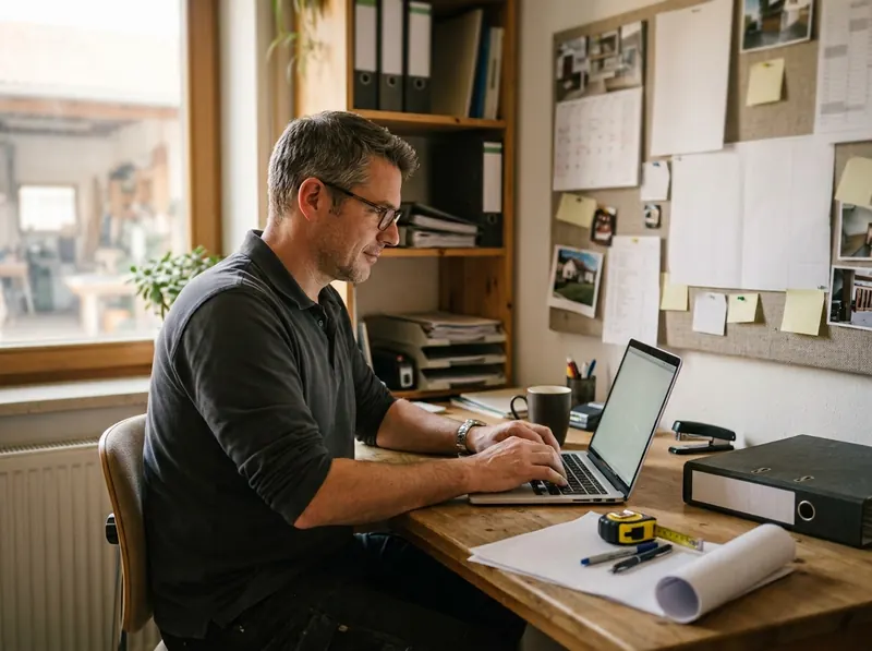 Handwerksmeister legt am Laptop im Büro ein neues Bauvorhaben an