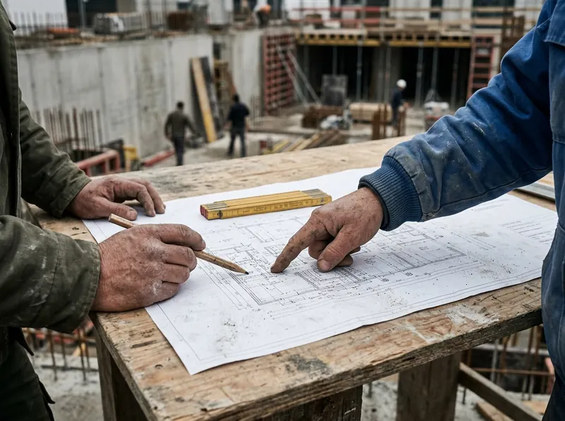 Zwei Handwerker gehen auf der Baustelle einen ausgedruckten Grundriss durch