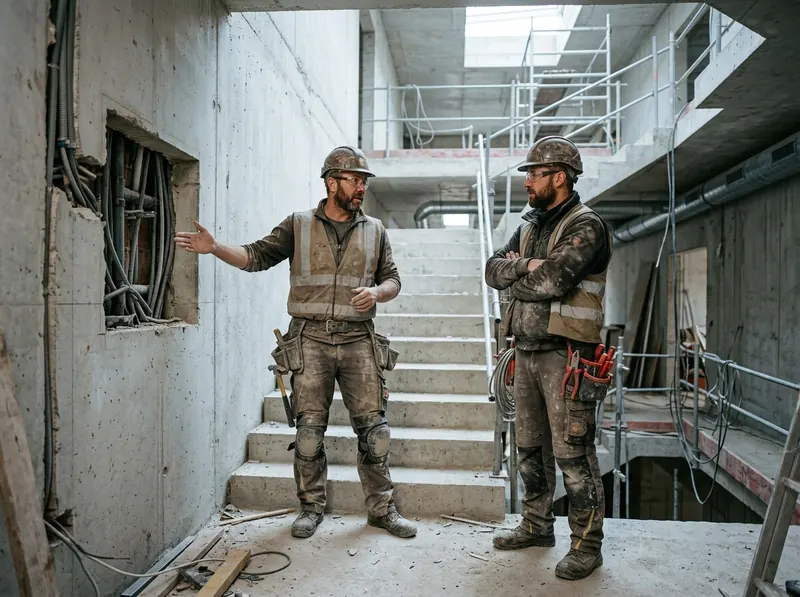 Zwei Monteure verschiedener Gewerke sprechen sich im Treppenhaus eines Rohbaus ab