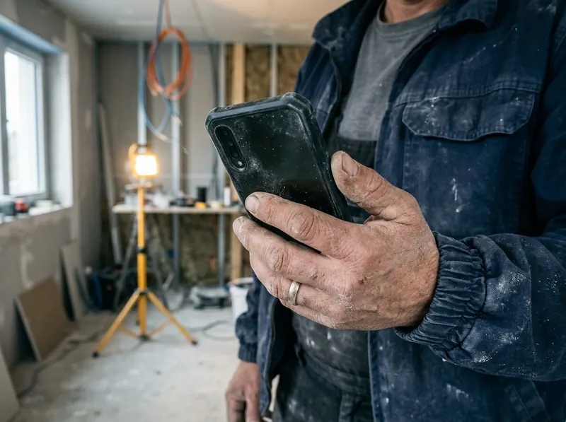 Hand eines Monteurs mit staubigem Smartphone auf der Baustelle